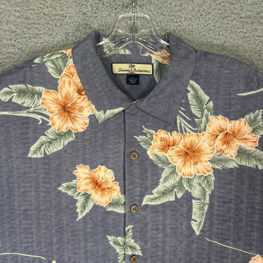 Tommy Bahama Shirt Mens L Blue Floral All Over Print Silk Hawaiian Loop Collar